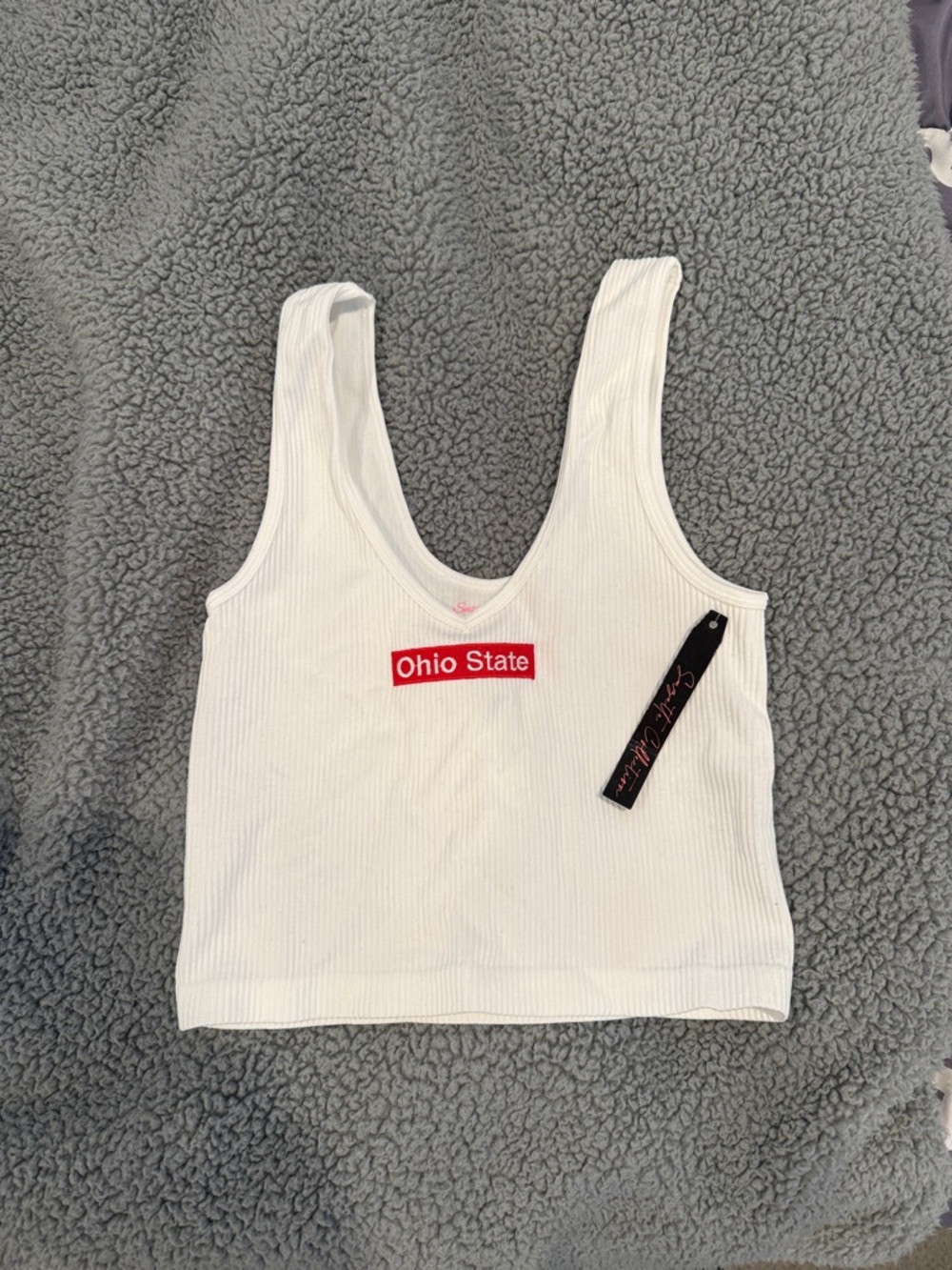 White Ribbed Ohio State Crop Tank Top
